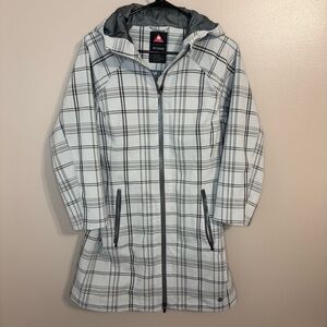 Columbia Dusk 2 Dawn Omni Heat Hooded Gray Black Plaid Jacket Rain Wind Womens M